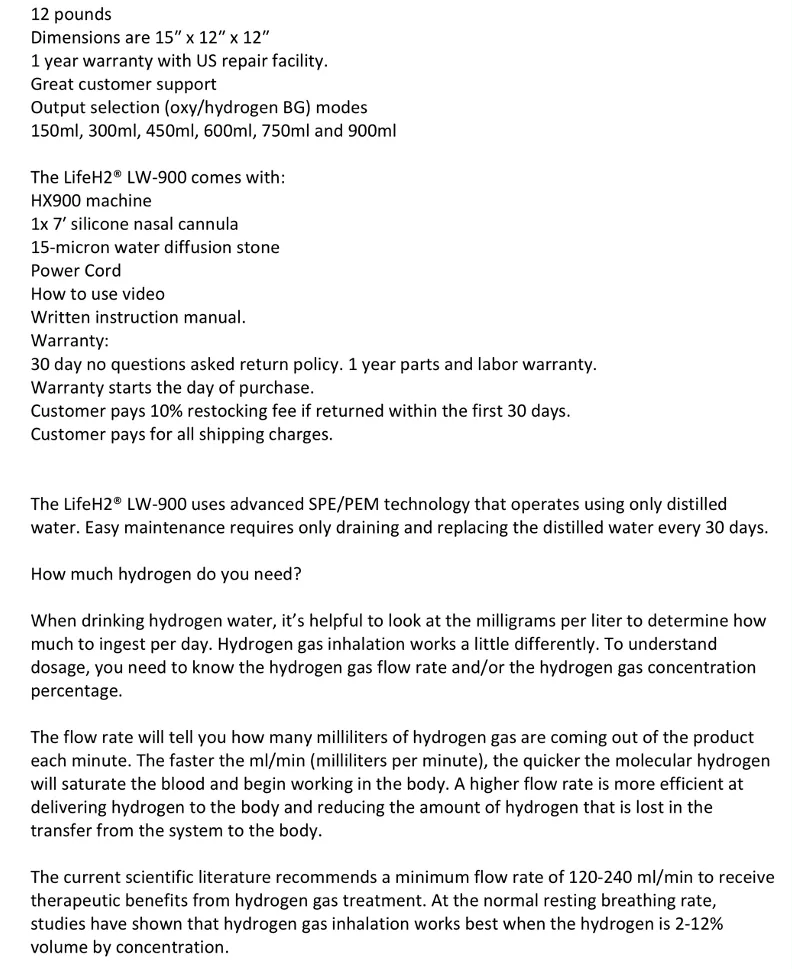 LIFE H2 LW-900 INHALER Description